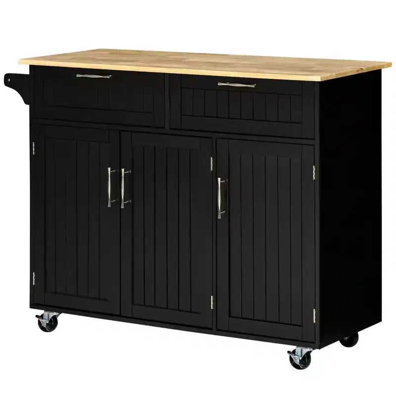 HOMCOM Modern Kitchen Island Cart on Wheels with Storage Drawers, Rolling Utility Cart with Adjustable Shelves, Cabinets and Towel Rack, Black