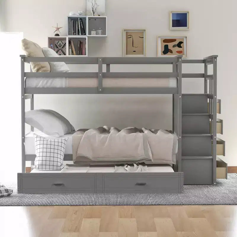 Twin Over Twin Wood Bunk Bed with 4 Drawers, Trundle and Staircase-ModernLuxe