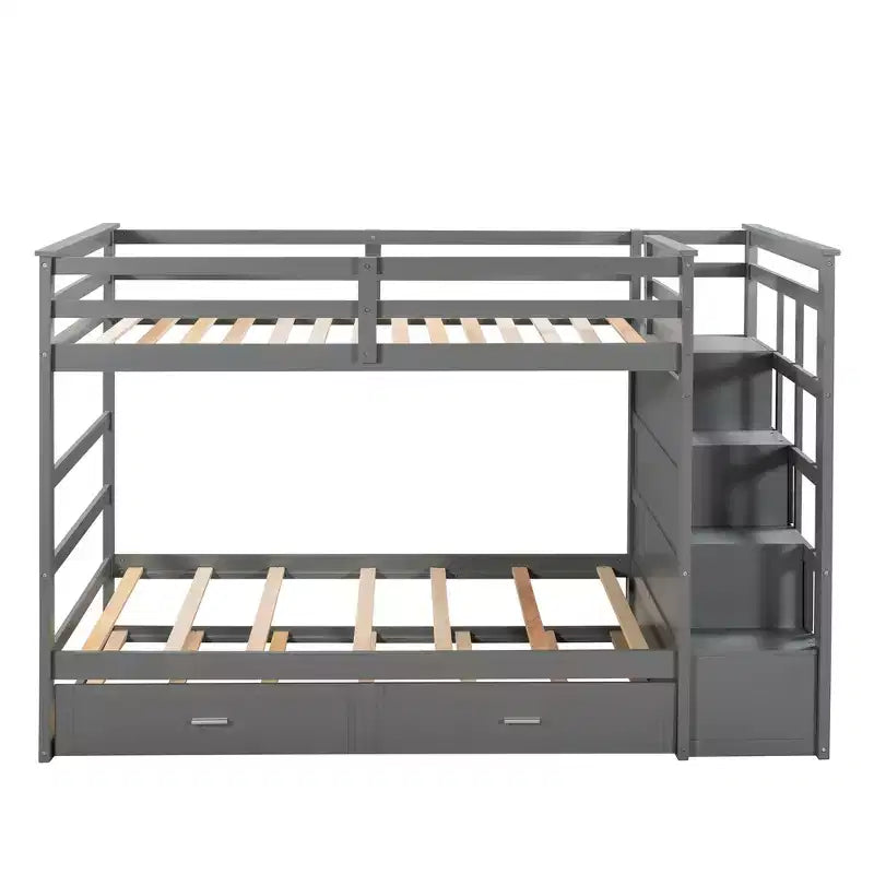 Twin Over Twin Wood Bunk Bed with 4 Drawers, Trundle and Staircase-ModernLuxe