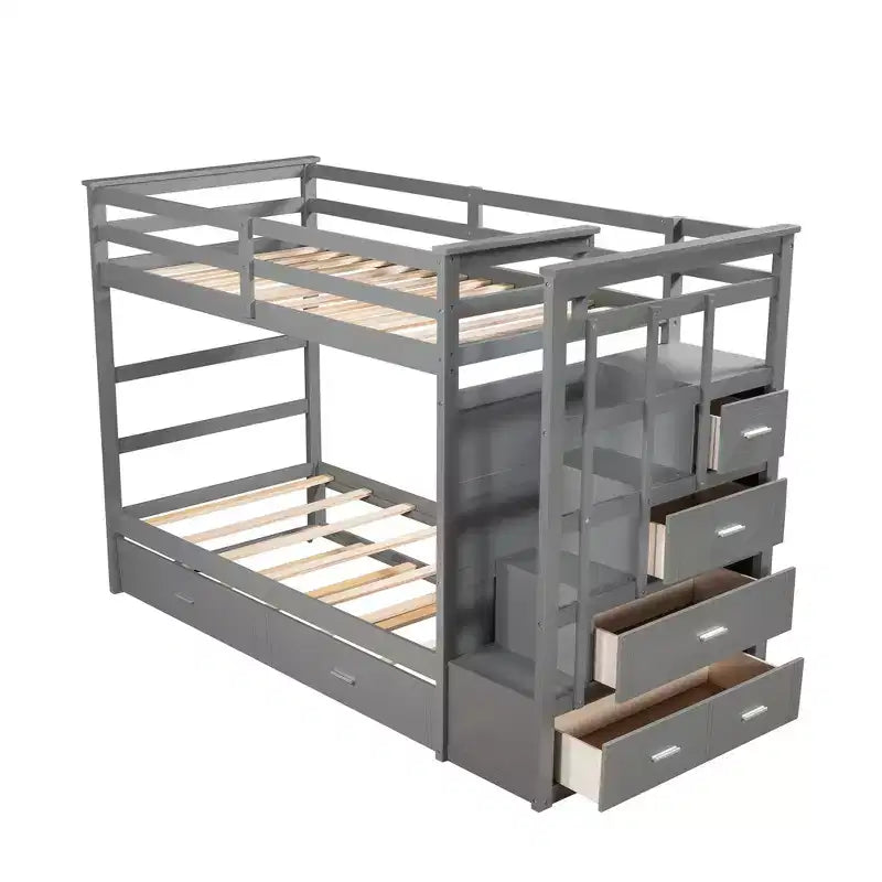 Twin Over Twin Wood Bunk Bed with 4 Drawers, Trundle and Staircase-ModernLuxe