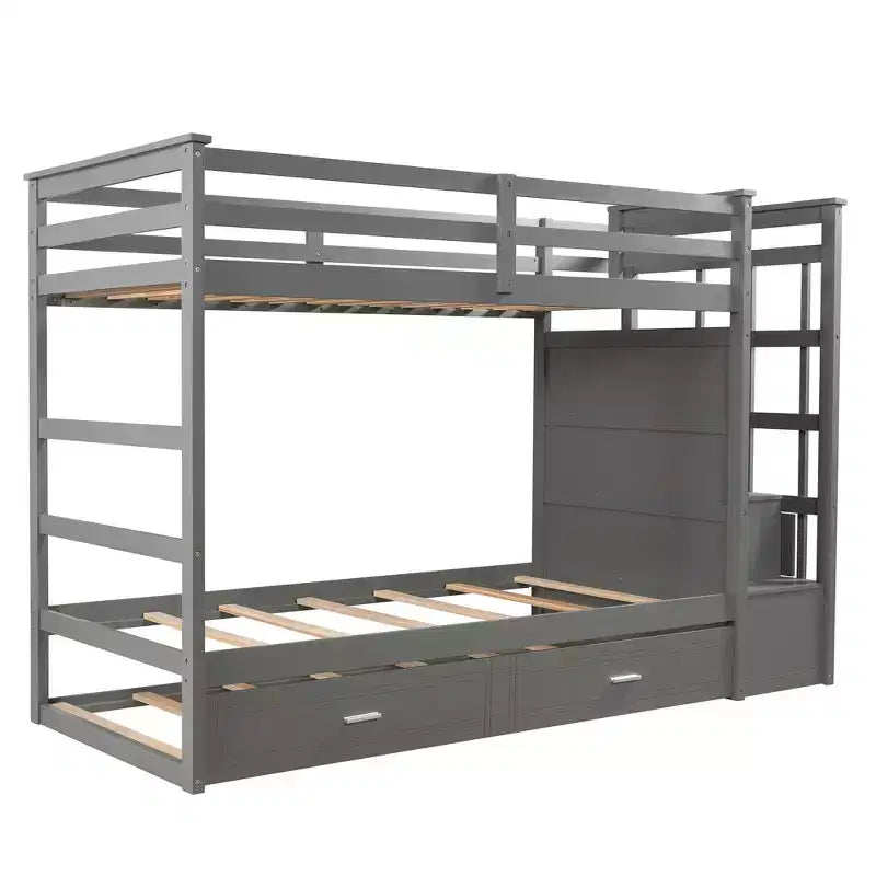 Twin Over Twin Wood Bunk Bed with 4 Drawers, Trundle and Staircase-ModernLuxe