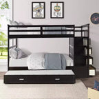 Twin Over Twin Wood Bunk Bed with 4 Drawers, Trundle and Staircase-ModernLuxe