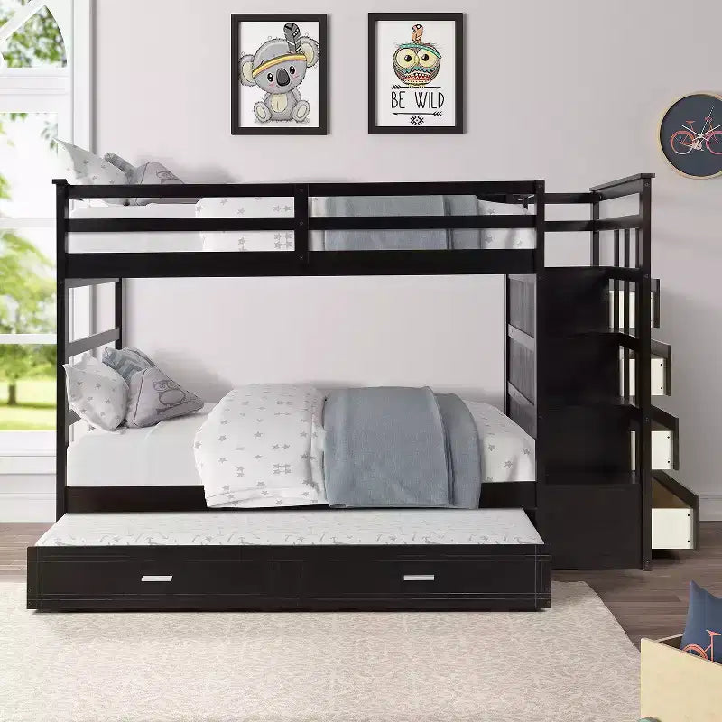 Twin Over Twin Wood Bunk Bed with 4 Drawers, Trundle and Staircase-ModernLuxe