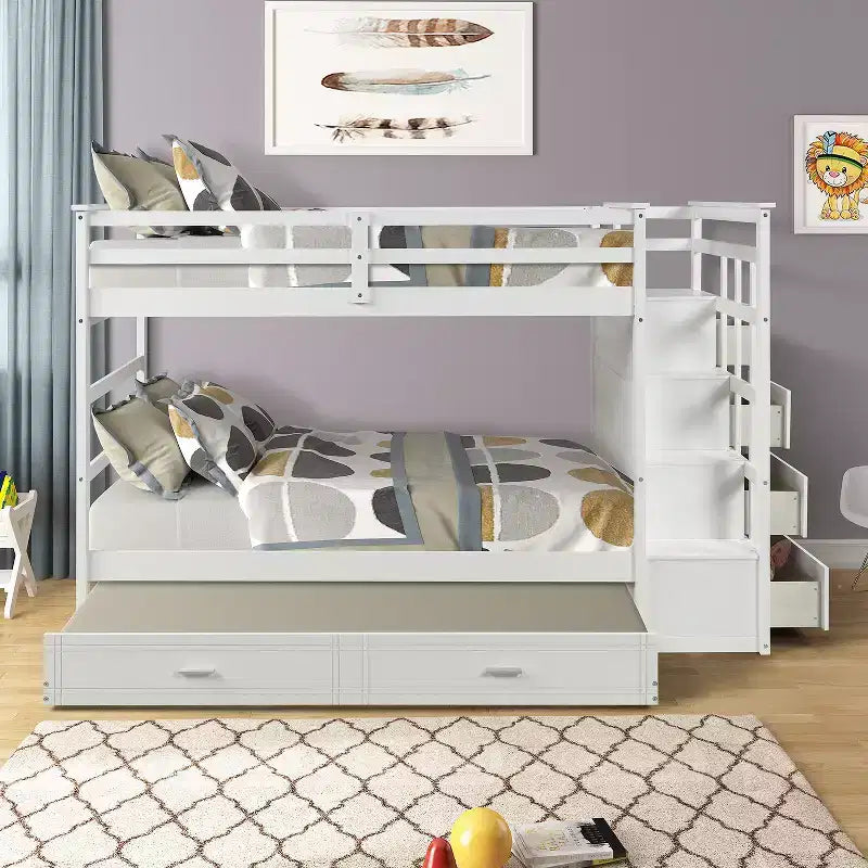 Twin Over Twin Wood Bunk Bed with 4 Drawers, Trundle and Staircase-ModernLuxe