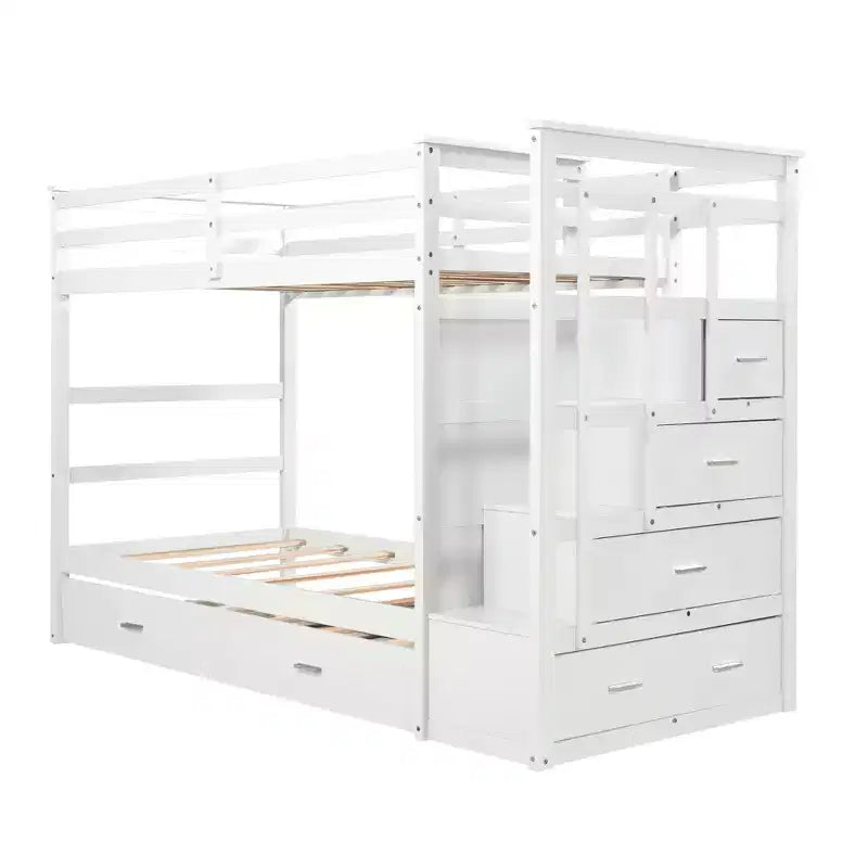 Twin Over Twin Wood Bunk Bed with 4 Drawers, Trundle and Staircase-ModernLuxe