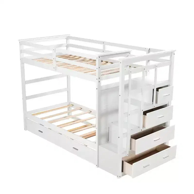 Twin Over Twin Wood Bunk Bed with 4 Drawers, Trundle and Staircase-ModernLuxe
