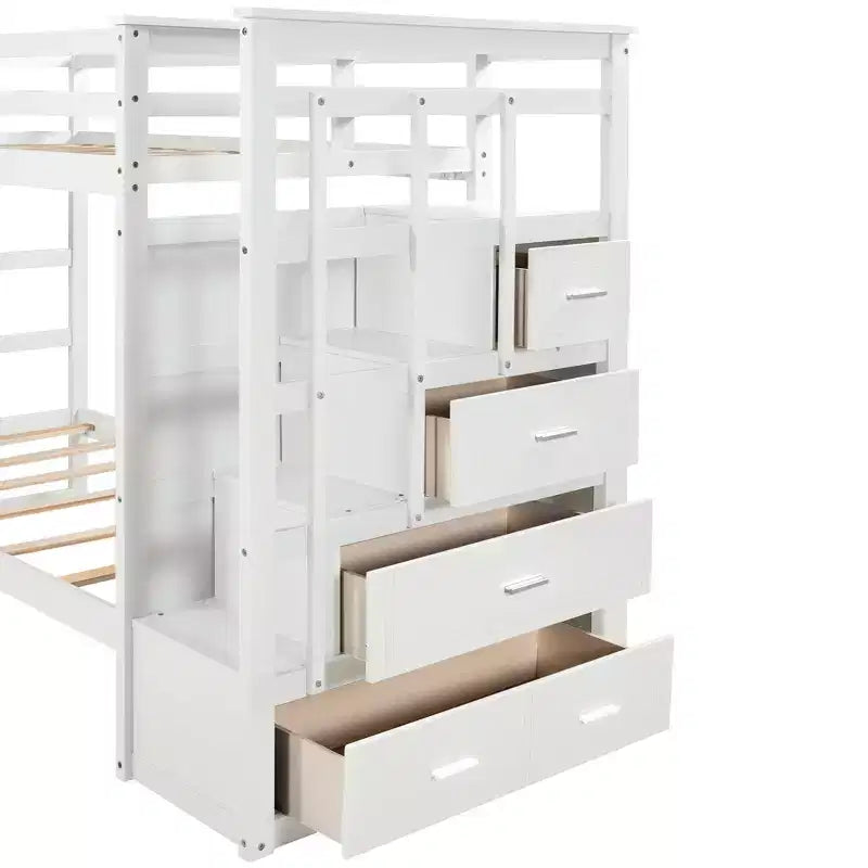 Twin Over Twin Wood Bunk Bed with 4 Drawers, Trundle and Staircase-ModernLuxe