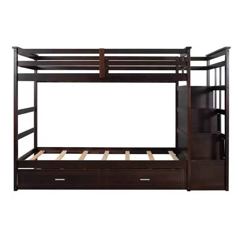 Twin Over Twin Wood Bunk Bed with 4 Drawers, Trundle and Staircase-ModernLuxe