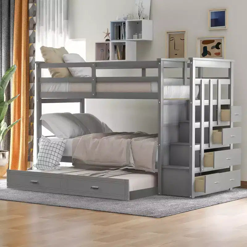Twin Over Twin Wood Bunk Bed with 4 Drawers, Trundle and Staircase-ModernLuxe