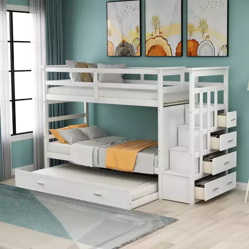 Twin Over Twin Wood Bunk Bed with 4 Drawers, Trundle and Staircase-ModernLuxe
