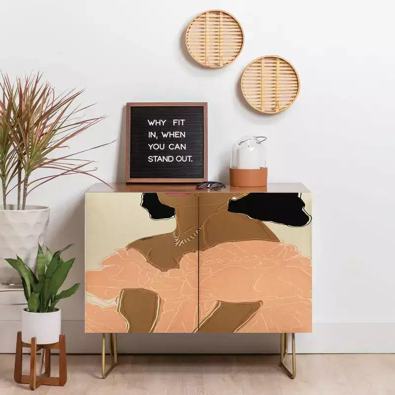 Abstract Art Print 2-Door Credenza – Birch Frame, 2 Adjustable Shelves