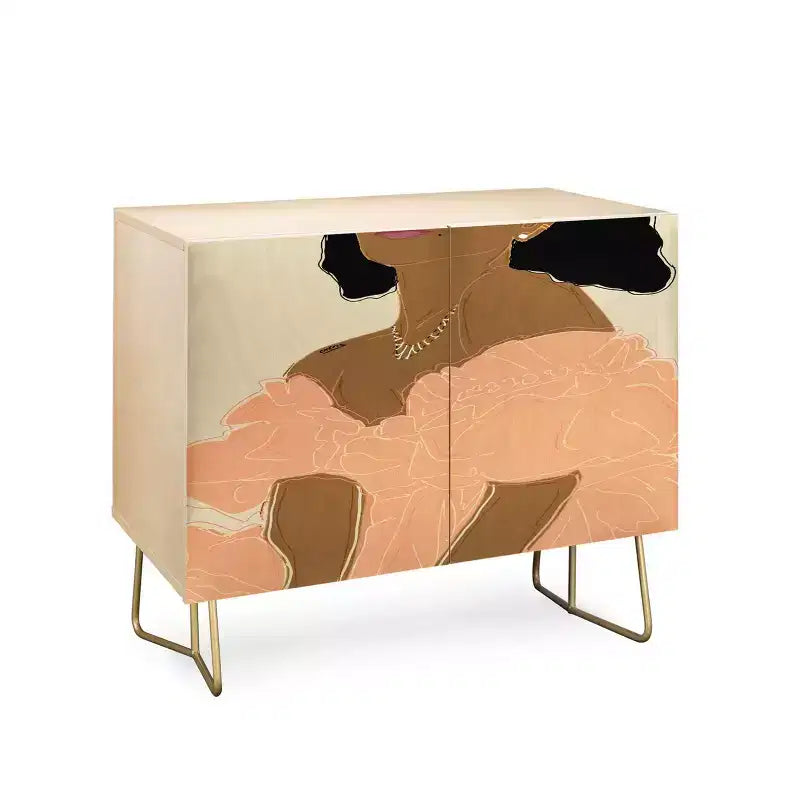 Abstract Art Print 2-Door Credenza – Birch Frame, 2 Adjustable Shelves