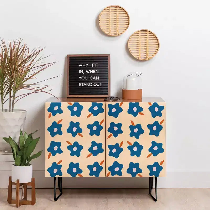 Spring Floral Print 2-Door Credenza –olean Birch Frame, 2 Adjustable Shelves