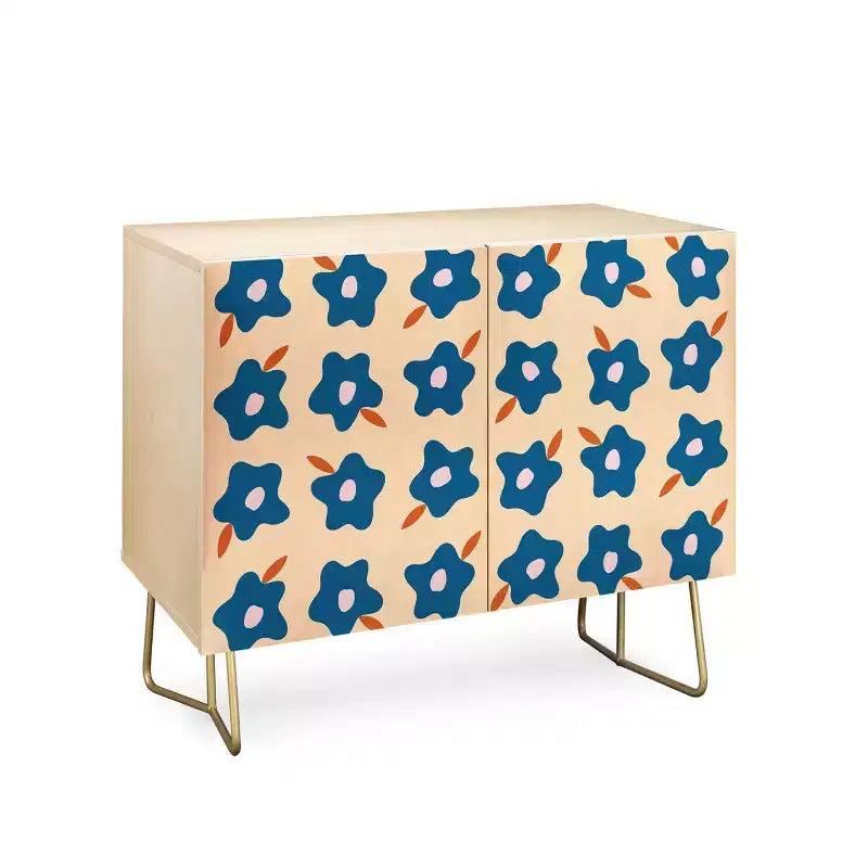 Spring Floral Print 2-Door Credenza –olean Birch Frame, 2 Adjustable Shelves