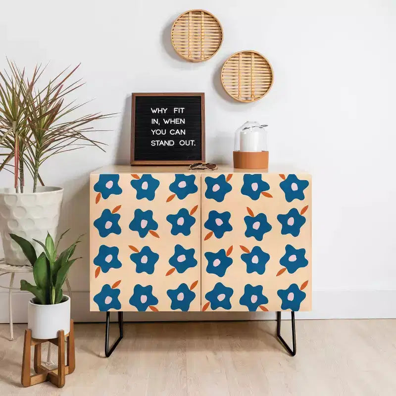 Spring Floral Print 2-Door Credenza –olean Birch Frame, 2 Adjustable Shelves