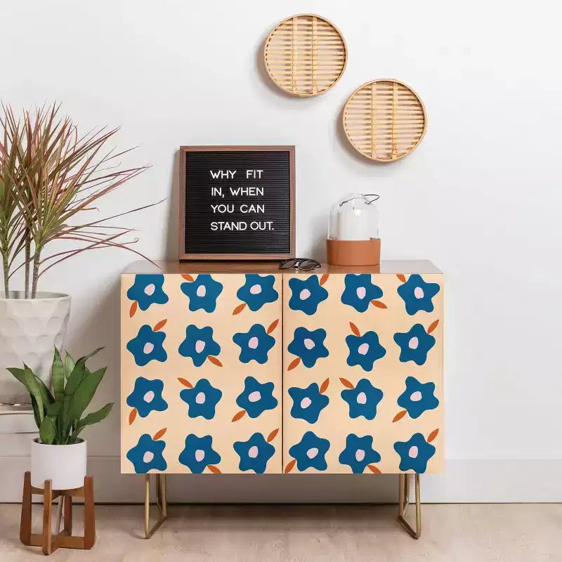 Spring Floral Print 2-Door Credenza –olean Birch Frame, 2 Adjustable Shelves