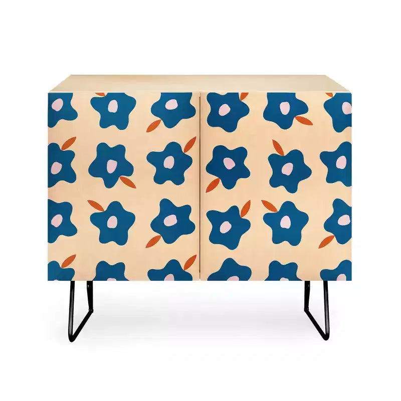 Spring Floral Print 2-Door Credenza –olean Birch Frame, 2 Adjustable Shelves