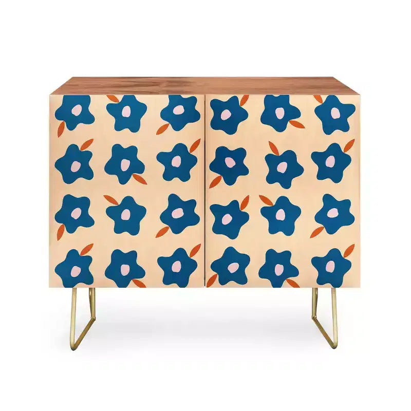 Spring Floral Print 2-Door Credenza –olean Birch Frame, 2 Adjustable Shelves