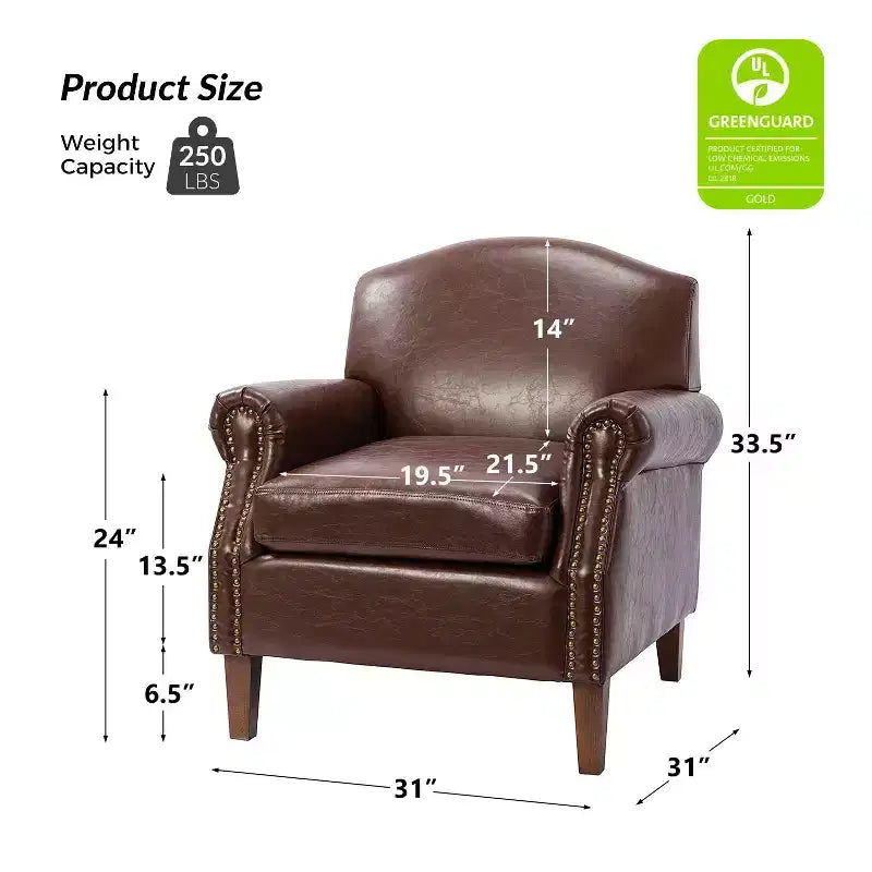 Gianluigi Transitional Vegan Leather Armchair with Nailhead Trim and Solid Wood Legs for Bedroom and Living Room| ART OF LIVING DESIGNS