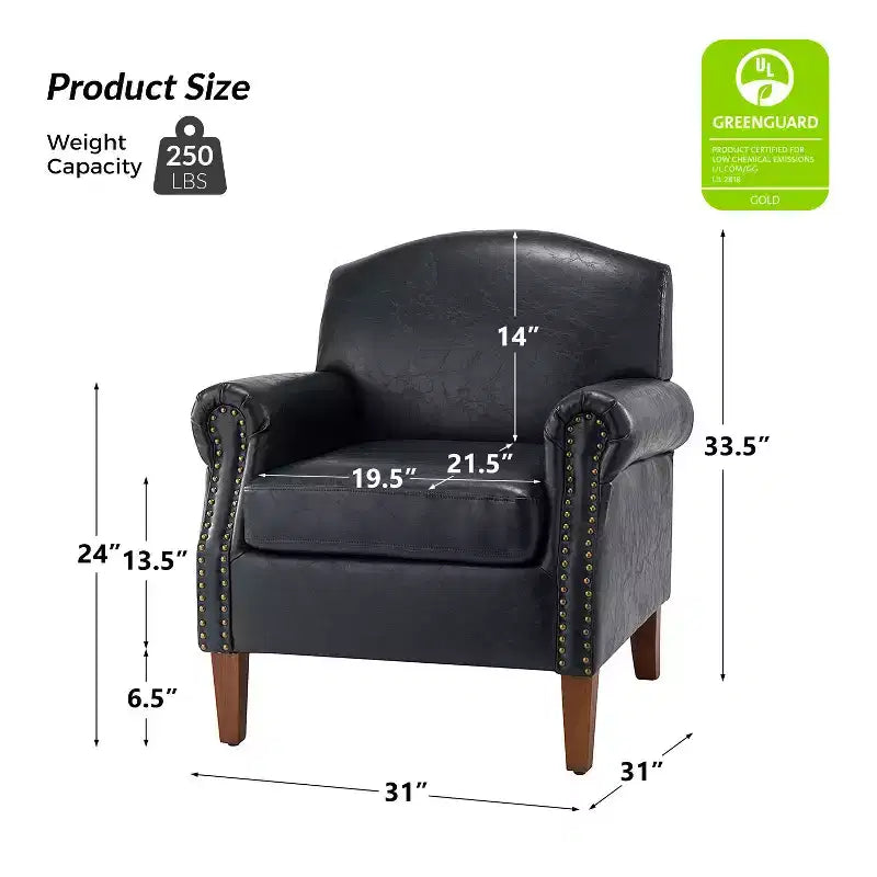 Gianluigi Transitional Vegan Leather Armchair with Nailhead Trim and Solid Wood Legs for Bedroom and Living Room| ART OF LIVING DESIGNS