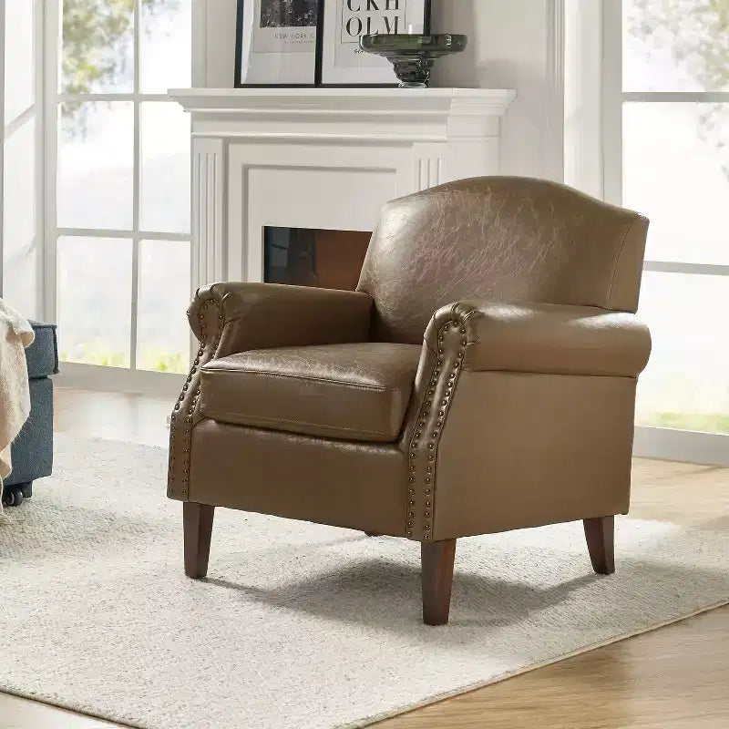 Gianluigi Transitional Vegan Leather Armchair with Nailhead Trim and Solid Wood Legs for Bedroom and Living Room| ART OF LIVING DESIGNS