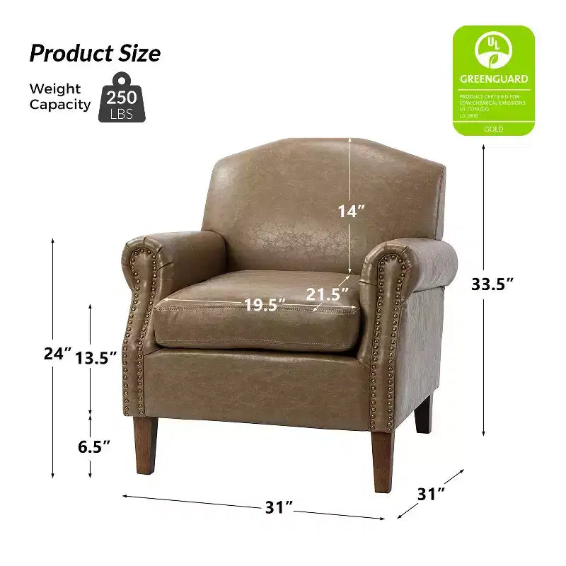 Gianluigi Transitional Vegan Leather Armchair with Nailhead Trim and Solid Wood Legs for Bedroom and Living Room| ART OF LIVING DESIGNS