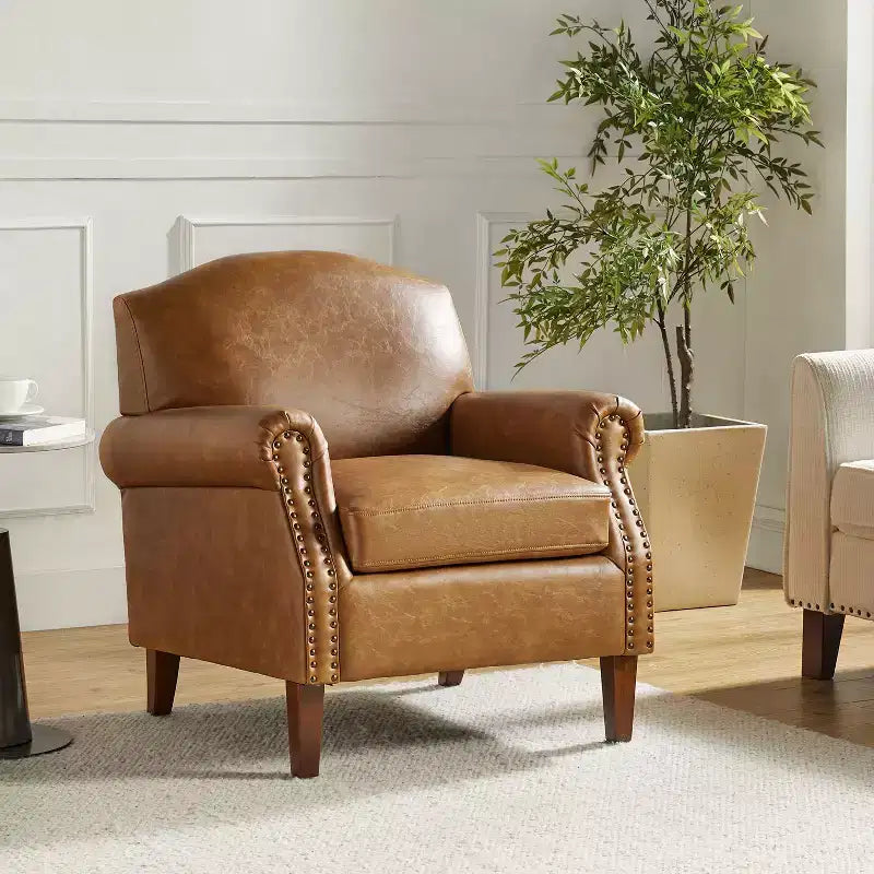 Gianluigi Transitional Vegan Leather Armchair with Nailhead Trim and Solid Wood Legs for Bedroom and Living Room| ART OF LIVING DESIGNS
