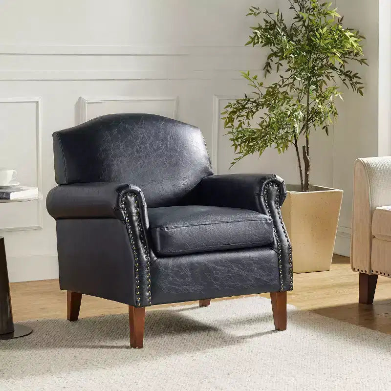 Gianluigi Transitional Vegan Leather Armchair with Nailhead Trim and Solid Wood Legs for Bedroom and Living Room| ART OF LIVING DESIGNS