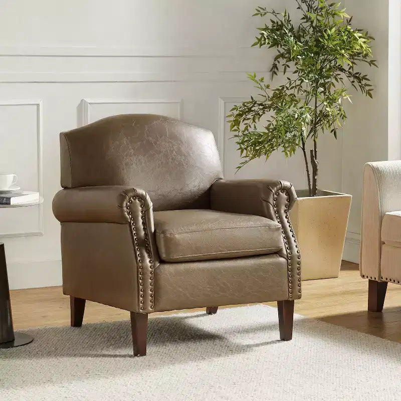 Gianluigi Transitional Vegan Leather Armchair with Nailhead Trim and Solid Wood Legs for Bedroom and Living Room| ART OF LIVING DESIGNS