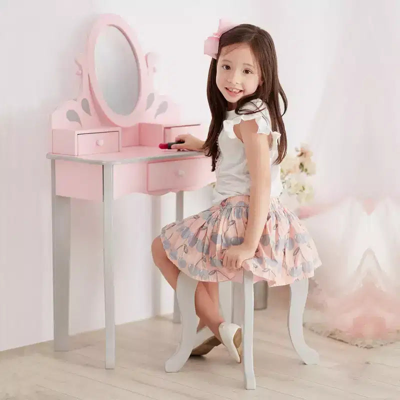 Fantasy Fields Rapunzel Kids Wooden Play Vanity Set with Stool, Storage & Mirror