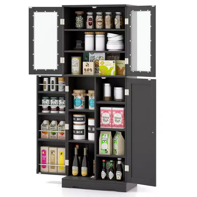 63.5 Tall Kitchen Pantry Storage Cabinet with Glass Door Storage Shelves Black/White