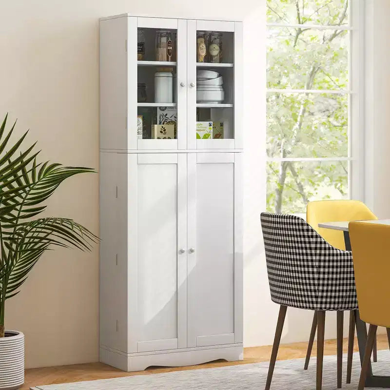 63.5 Tall Kitchen Pantry Storage Cabinet with Glass Door Storage Shelves Black/White
