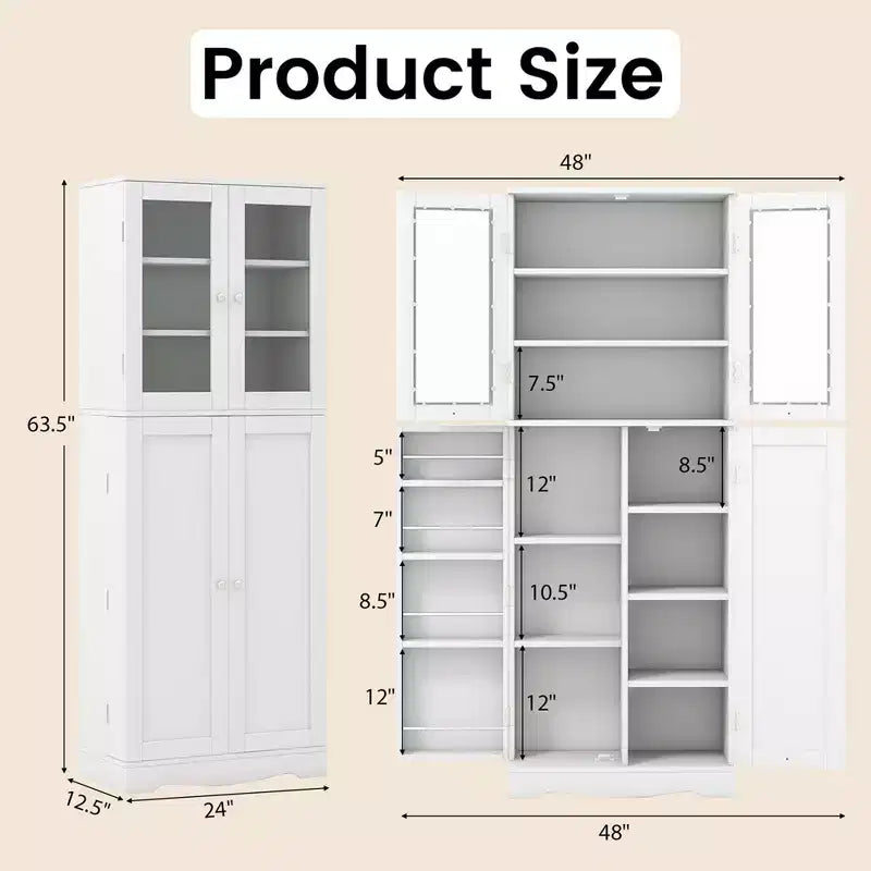 63.5 Tall Kitchen Pantry Storage Cabinet with Glass Door Storage Shelves Black/White