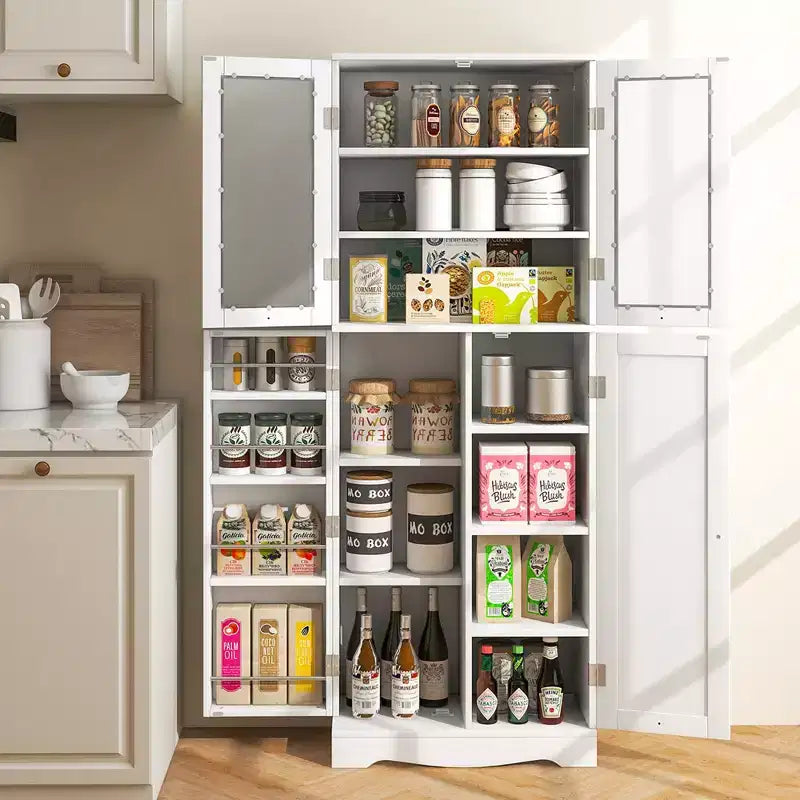 63.5 Tall Kitchen Pantry Storage Cabinet with Glass Door Storage Shelves Black/White