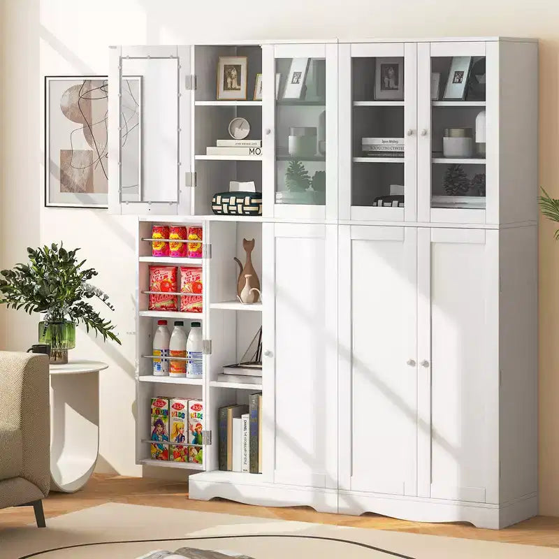 63.5 Tall Kitchen Pantry Storage Cabinet with Glass Door Storage Shelves Black/White