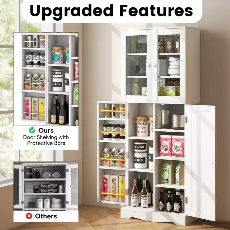 63.5 Tall Kitchen Pantry Storage Cabinet with Glass Door Storage Shelves Black/White