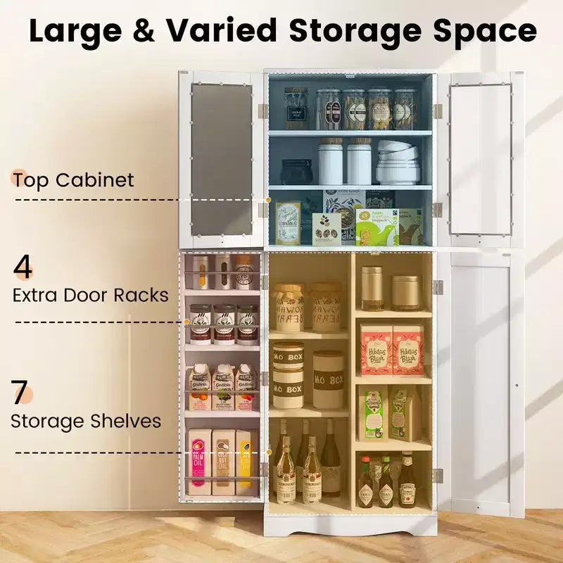 63.5 Tall Kitchen Pantry Storage Cabinet with Glass Door Storage Shelves Black/White