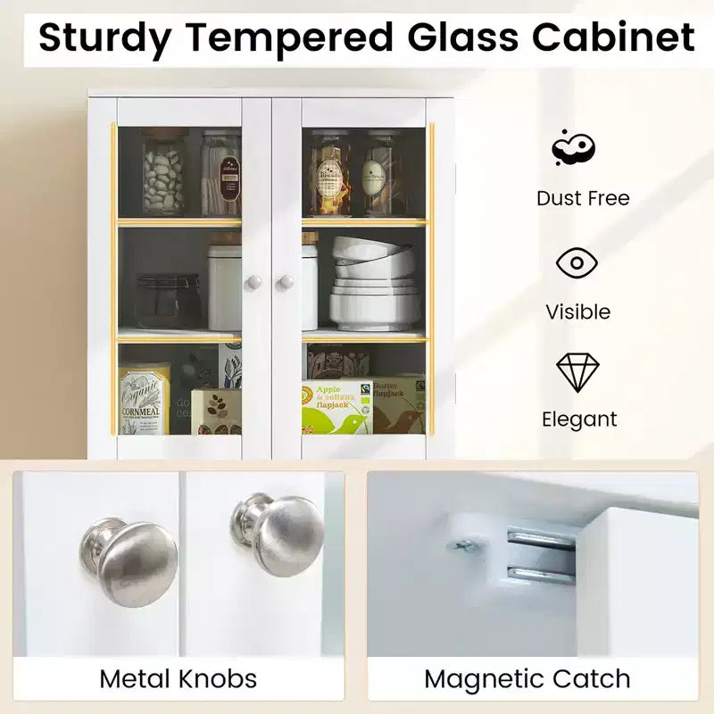 63.5 Tall Kitchen Pantry Storage Cabinet with Glass Door Storage Shelves Black/White