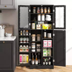63.5 Tall Kitchen Pantry Storage Cabinet with Glass Door Storage Shelves Black/White