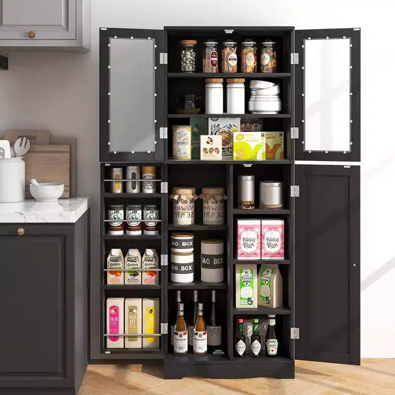 63.5 Tall Kitchen Pantry Storage Cabinet with Glass Door Storage Shelves Black/White