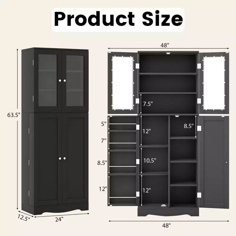 63.5 Tall Kitchen Pantry Storage Cabinet with Glass Door Storage Shelves Black/White