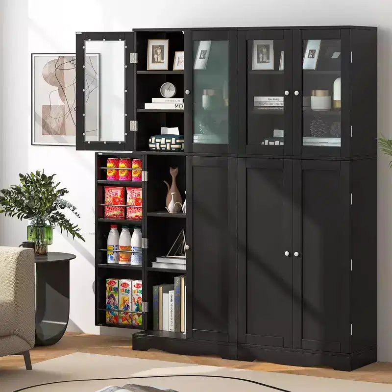 63.5 Tall Kitchen Pantry Storage Cabinet with Glass Door Storage Shelves Black/White