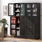 63.5 Tall Kitchen Pantry Storage Cabinet with Glass Door Storage Shelves Black/White