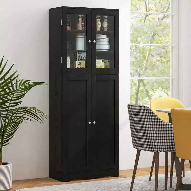 63.5 Tall Kitchen Pantry Storage Cabinet with Glass Door Storage Shelves Black/White