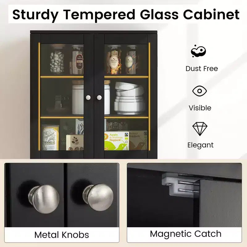 63.5 Tall Kitchen Pantry Storage Cabinet with Glass Door Storage Shelves Black/White