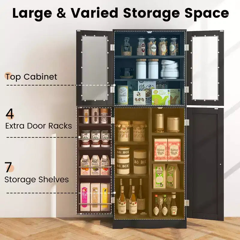 63.5 Tall Kitchen Pantry Storage Cabinet with Glass Door Storage Shelves Black/White