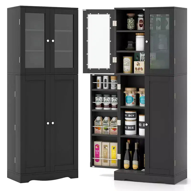 Costway 63.5 Tall Kitchen Pantry Storage Cabinet with Glass Door Storage Shelves Black/White