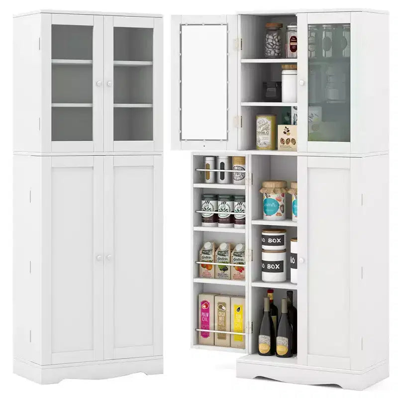 63.5 Tall Kitchen Pantry Storage Cabinet with Glass Door Storage Shelves Black/White