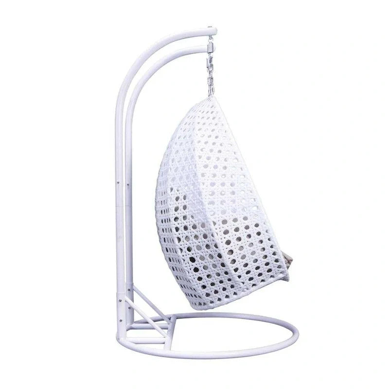 Sedia sospesa a dondolo a forma di uovo con supporto in metallo, telaio in vimini e cuscino – Beige / Blu antracite / Bianco / Blu / Bianco antico / Marrone / Tela, 2 posti