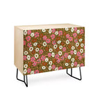 Floral Print 2-Door Credenza – Walnut Frame, Birch Surface, Adjustable Shelves